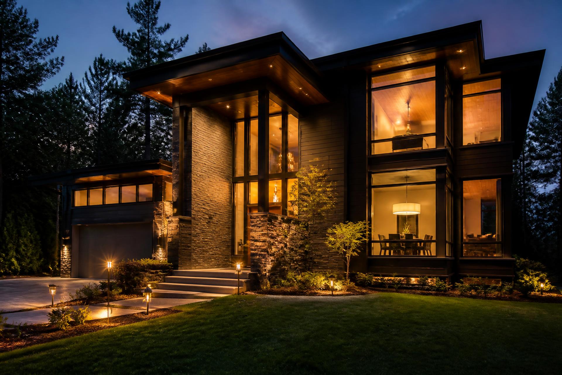 Luxury modern home at dusk built by Ohana Construction